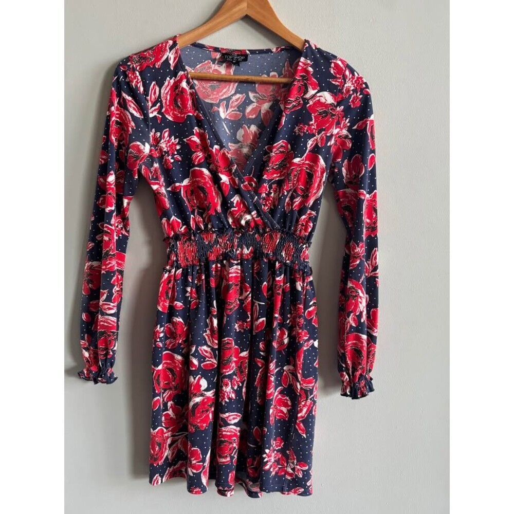 Petite Topshop Size 4 Floral Wrap Mini Dress Navy Red Polka Dot Smocked Waist Lo